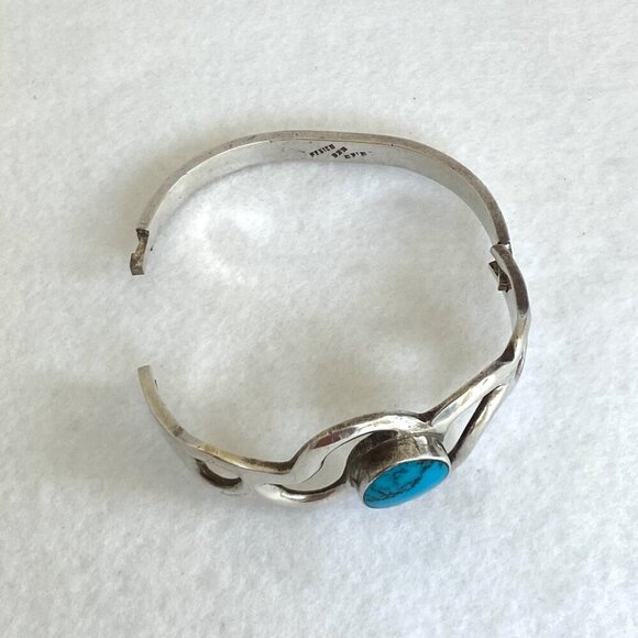 Taxco Sterling Silver Mexico Sandcast Turquoise Modernist Hinged Bangle Bracelet - Picture 7 of 16
